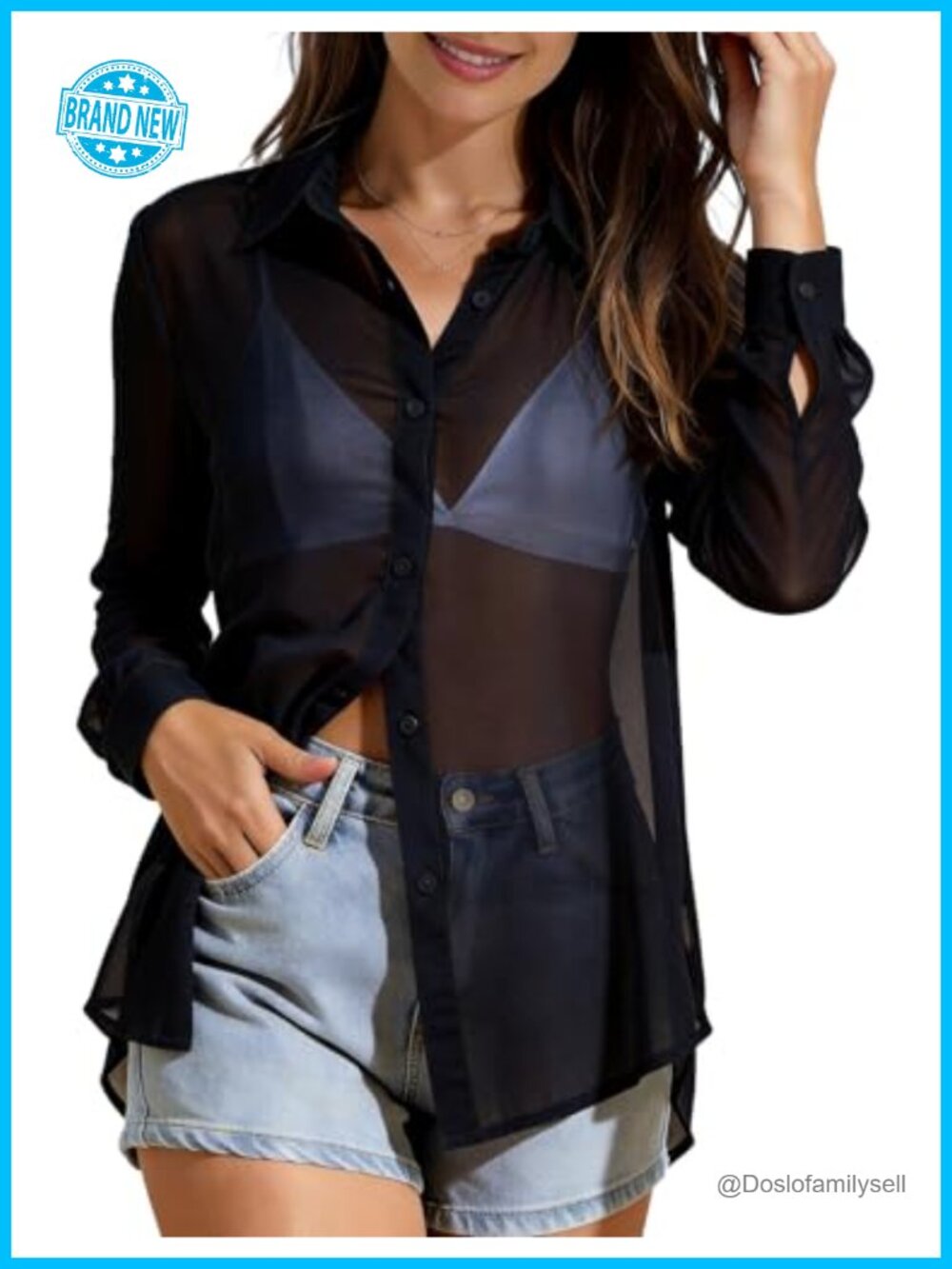 Sheer Long Sleeve Button Down Blouse Semi-Sheer Mesh Top